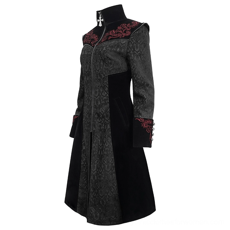 Gothic black embroidered coat side three-quarter product view, showing cross-shaped zipper hardware and floral embroidery