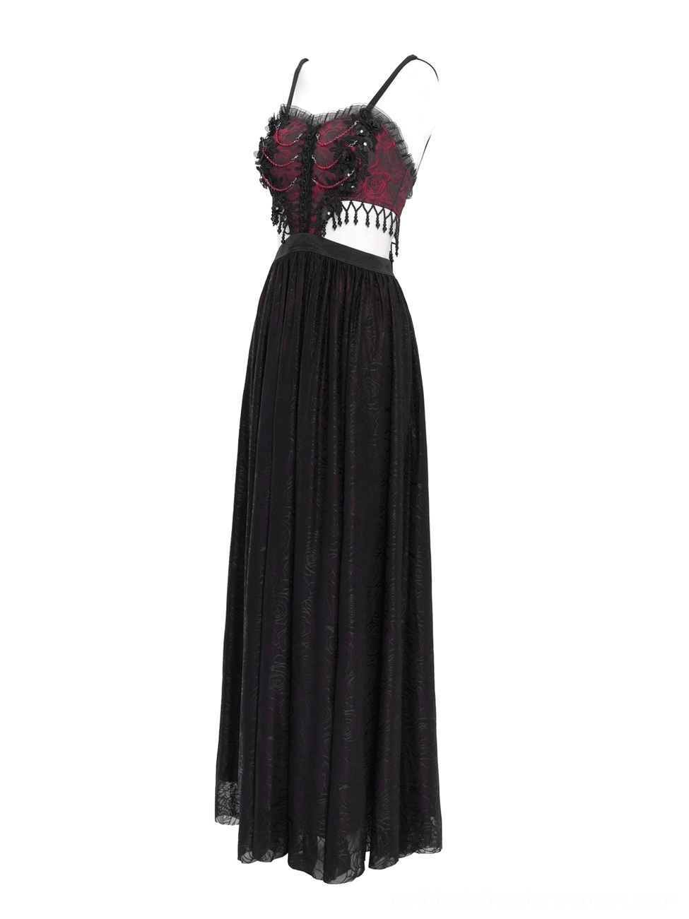 Gothic corset maxi dress product display showing sweetheart neckline and flowing tulle skirt with rose jacquard