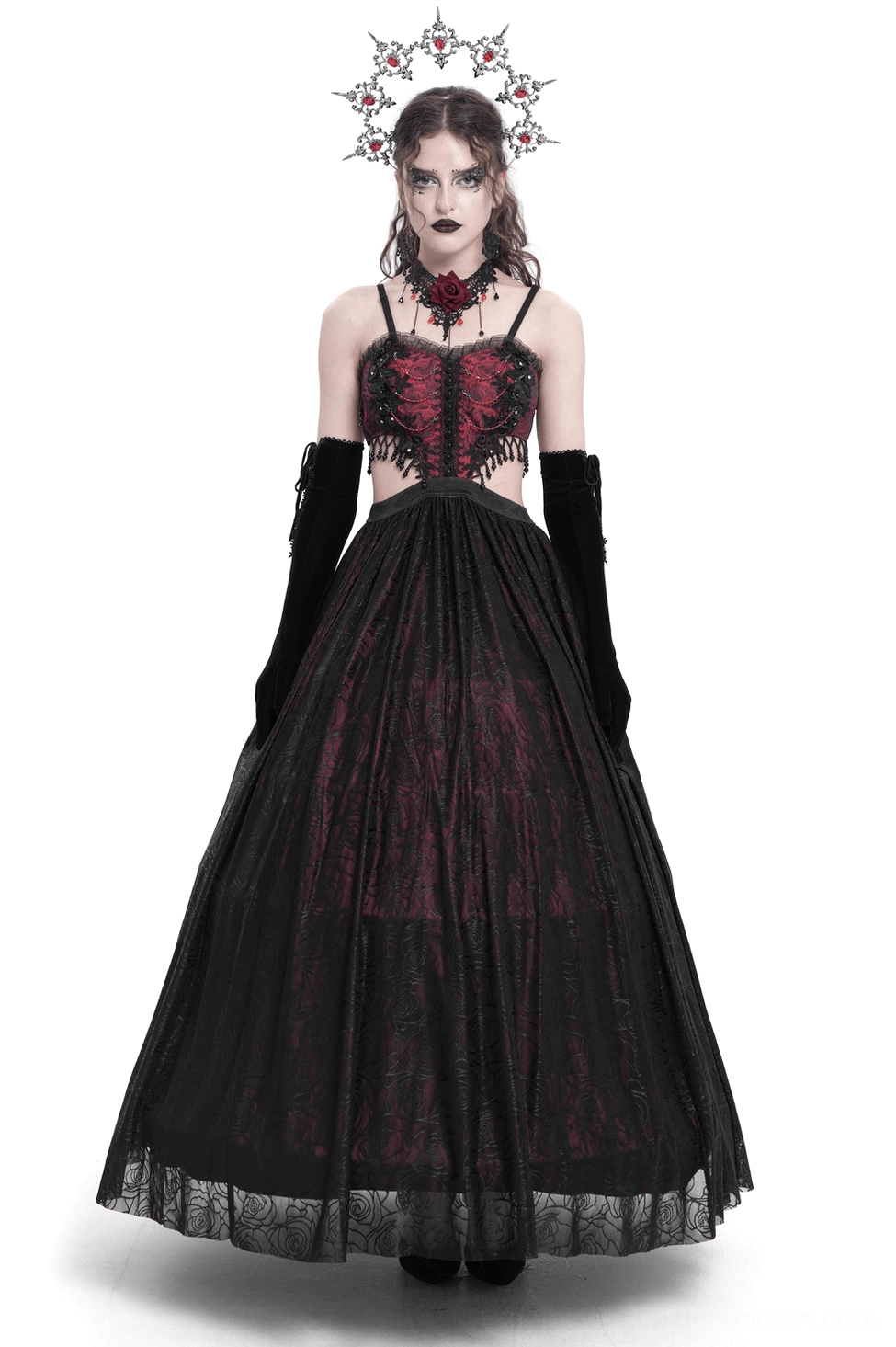 Gothic floral corset maxi dress front view with burgundy rose jacquard and lace detailing worn by model in full-body shot