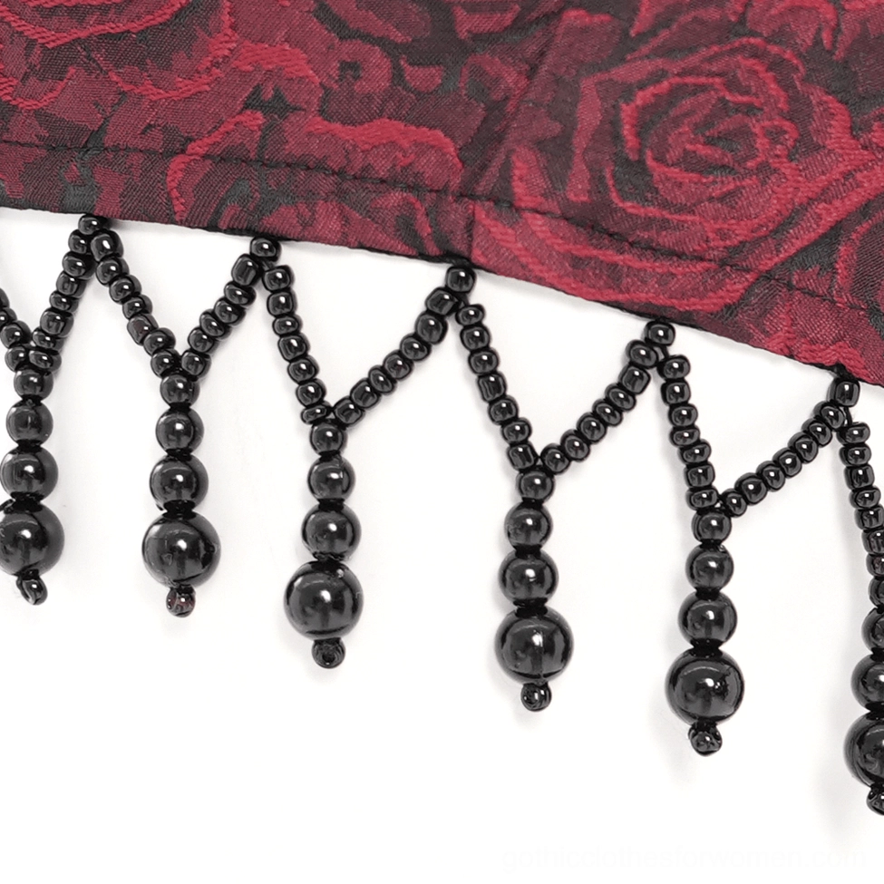 Gothic floral corset maxi dress full-length product view with burgundy rose patterns and structured bodice