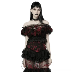 Black wine red floral flock mesh gothic crop top front view with off-shoulder puff sleeves and lace trim