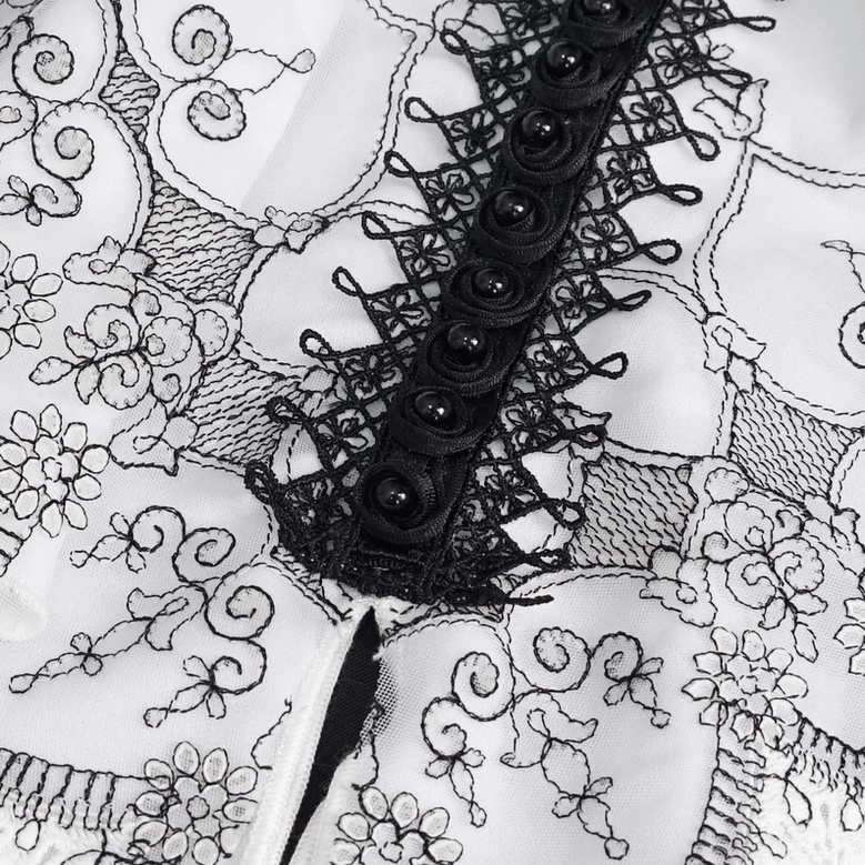 Gothic floral jabot full product display showing complete neckwear design with ruffled construction and black-white contrast
