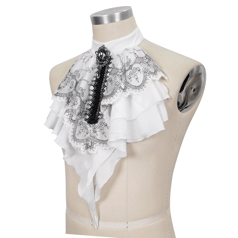 Gothic jabot side view on dress form showing floral embroidery detail and ruffled drape with Victorian styling