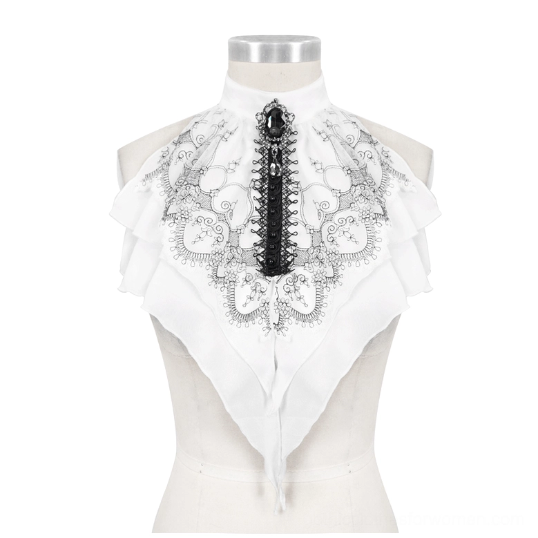 Gothic jabot on dress form, full front view showing layered ruffles, pointed hem, and black floral embroidery pattern