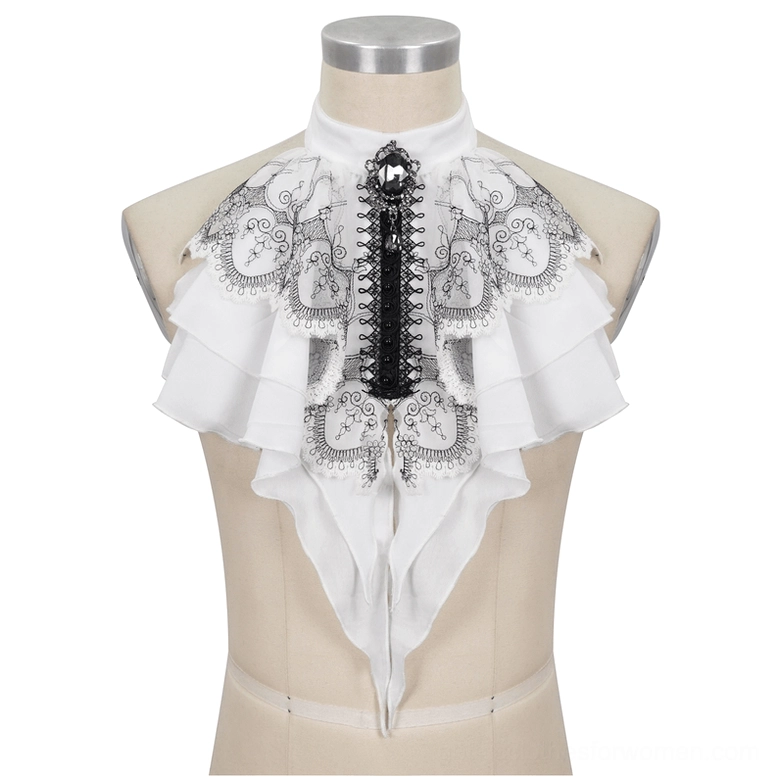 Gothic jabot on light skin tone dress form, full front view displaying layered ruffled fabric and black central trim