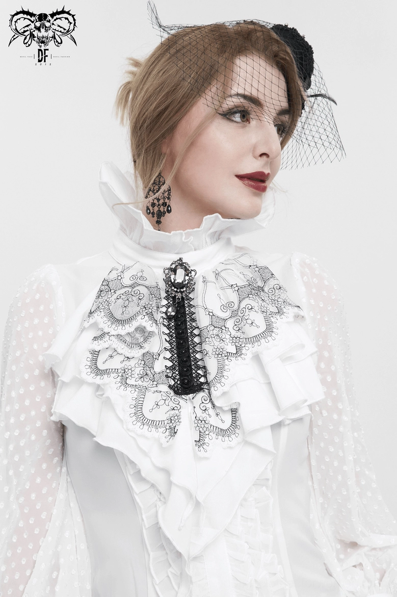 Gothic jabot accessory on model, front view emphasizing Victorian embroidered floral pattern and layered design