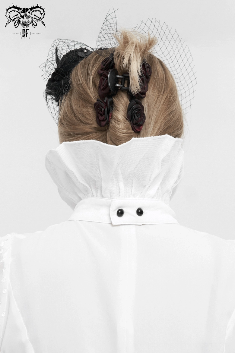 Gothic floral jabot worn by model showing black and white contrast, ruffled layers, and romantic goth aesthetic