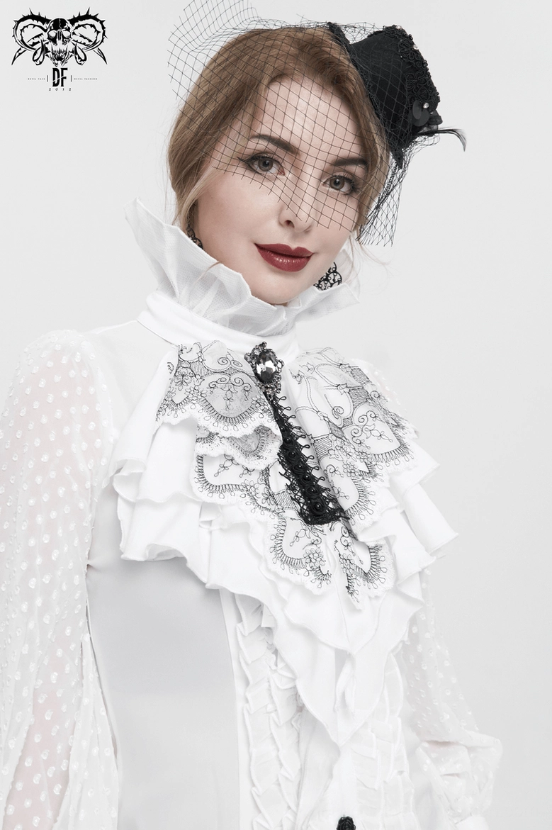 Model wearing gothic floral jabot showing styling versatility and dramatic ruffled neckline aesthetic