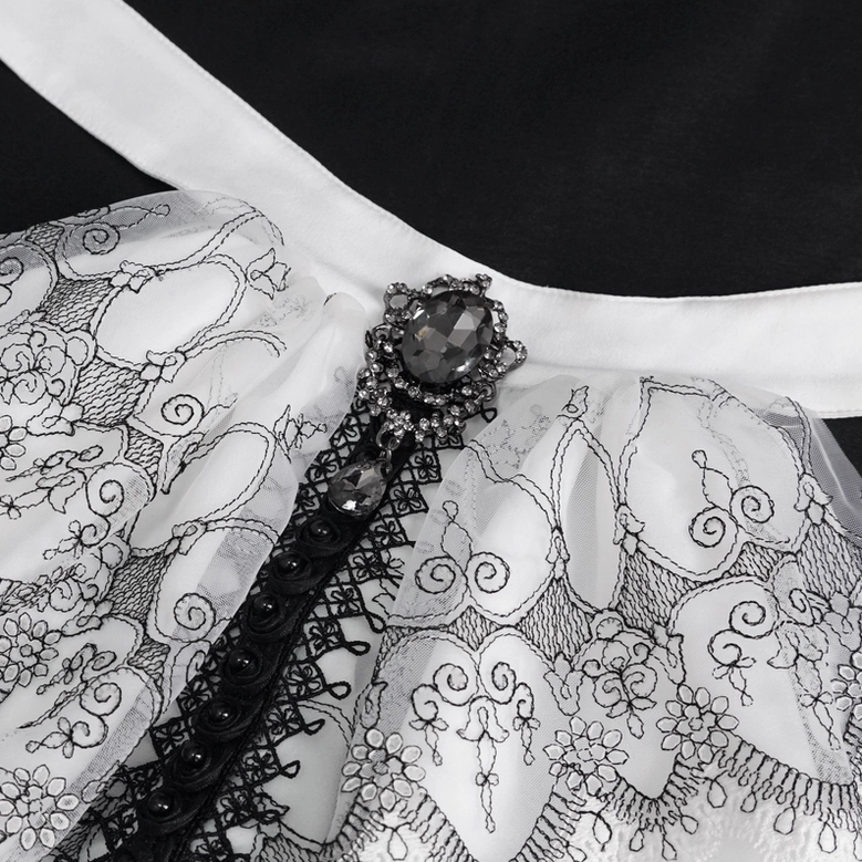 Gothic jabot product shot highlighting Victorian aesthetic, layered ruffles and intricate floral embroidery detail