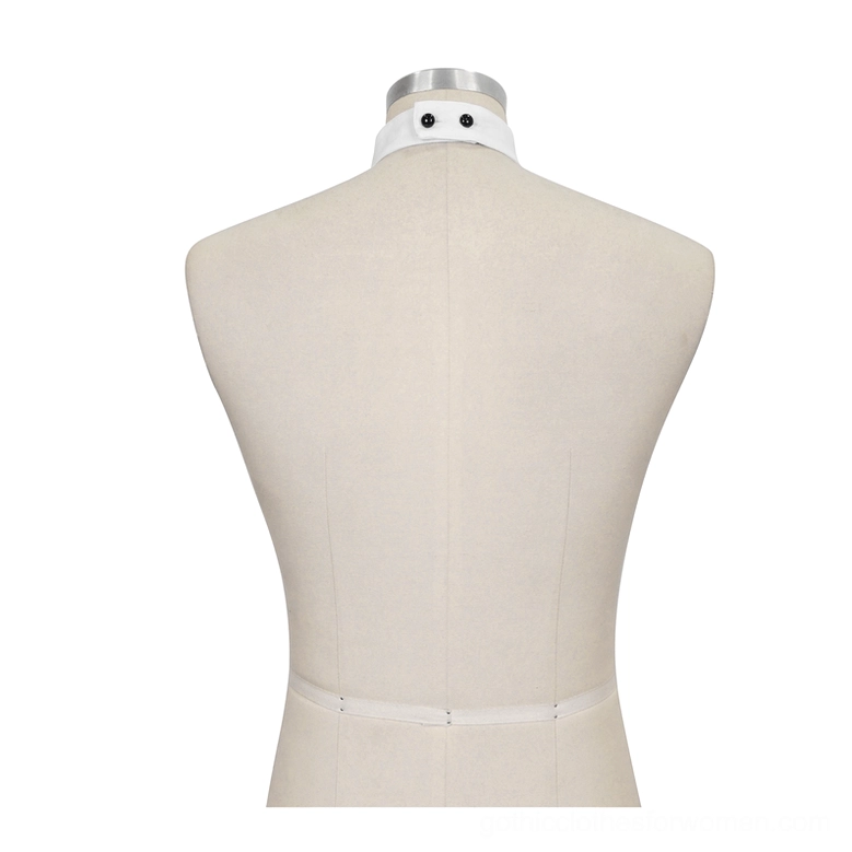 Rear view of gothic jabot on dress form showing white strap attachment with two black button fasteners
