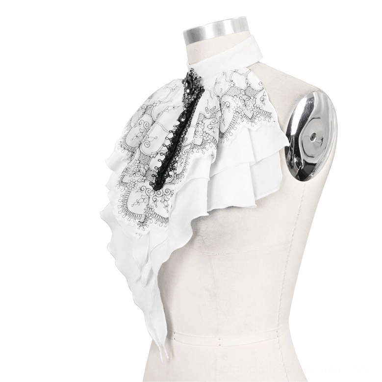 Gothic jabot side profile view on dress form, asymmetrical draped ruffles and Victorian neckwear design