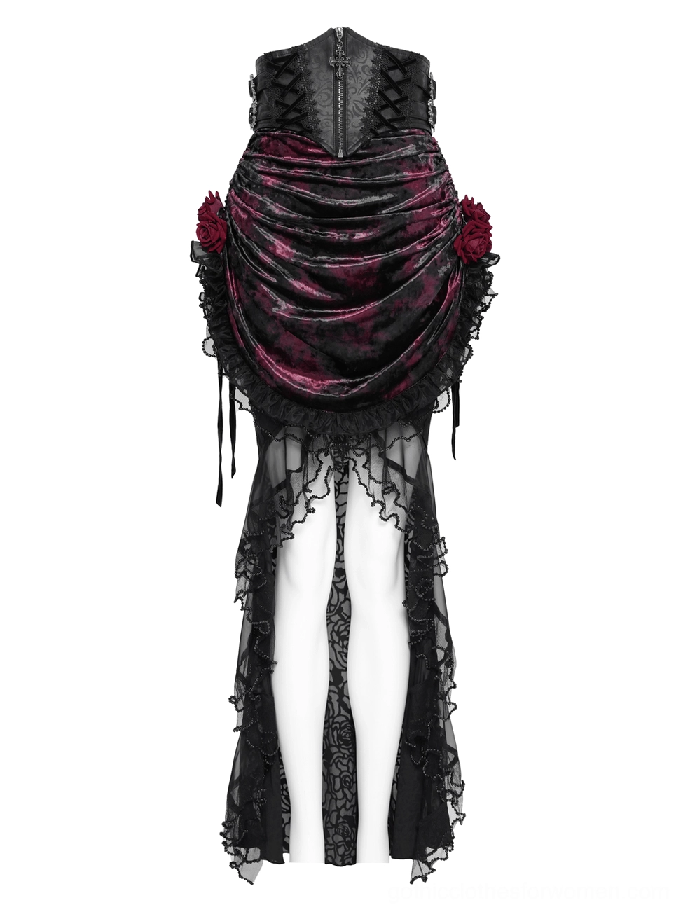 Full-length gothic lace maxi skirt with floral fabric and draped satin front, mannequin front display