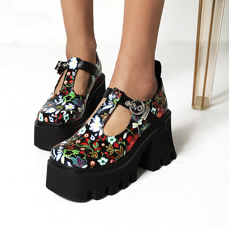 Gothic floral platform Mary Jane pumps with mixed color options showing chunky platform sole and T-strap buckle detail