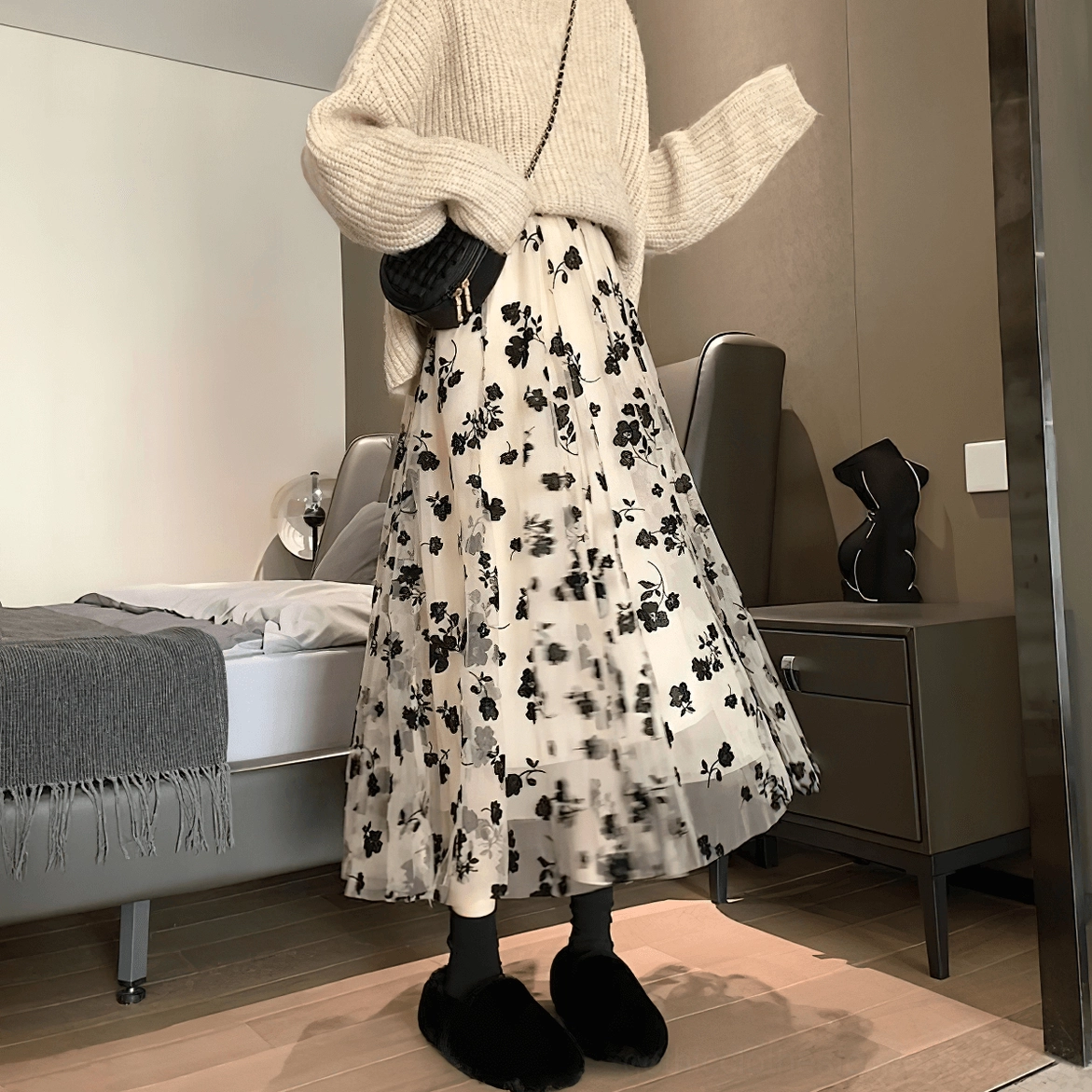 Gothic floral mesh midi skirt back view, A-line silhouette, tulle drape, elegant ankle-length proportion