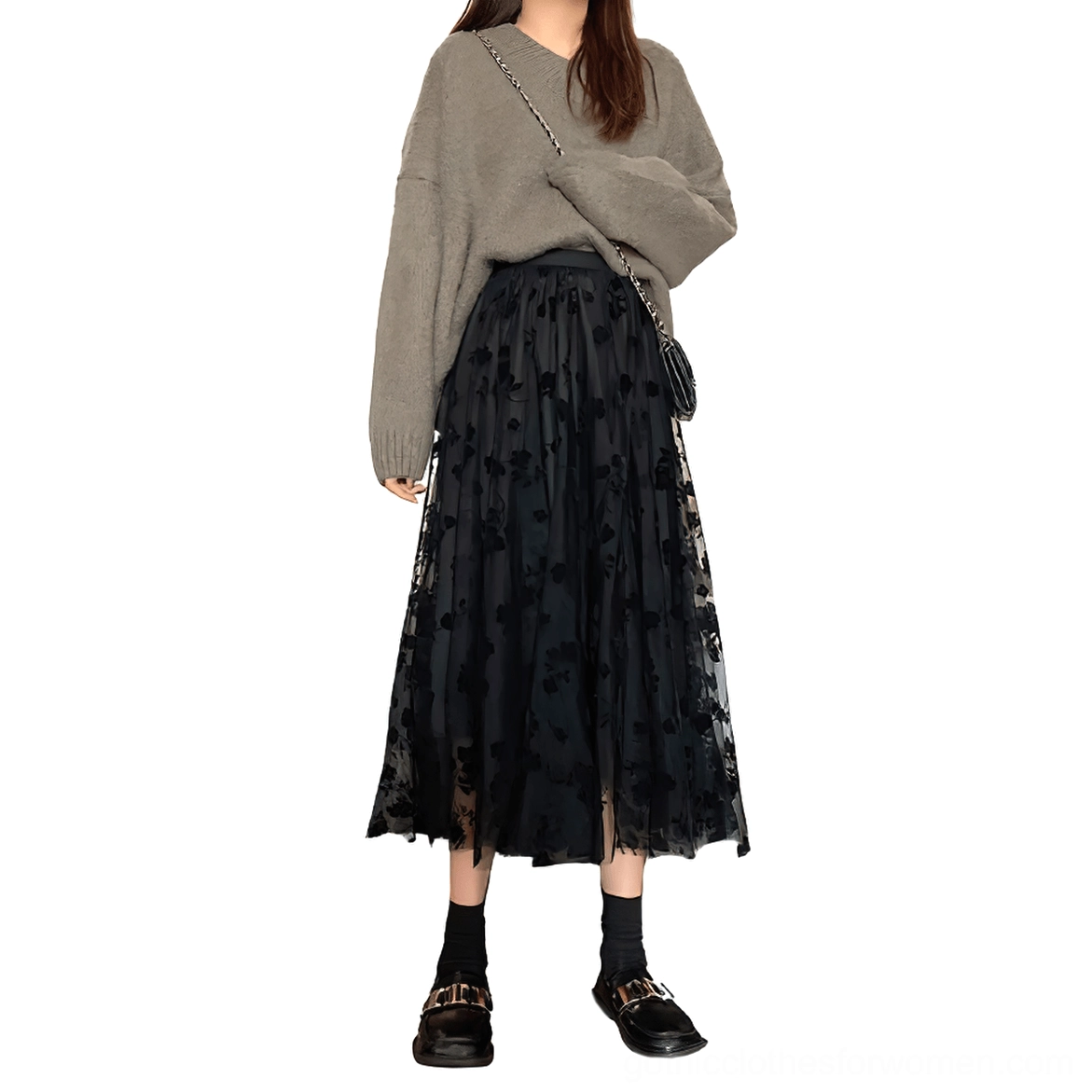 Gothic floral mesh midi skirt styled with gray knit top, high waist A-line silhouette, black embroidered flowers on tulle