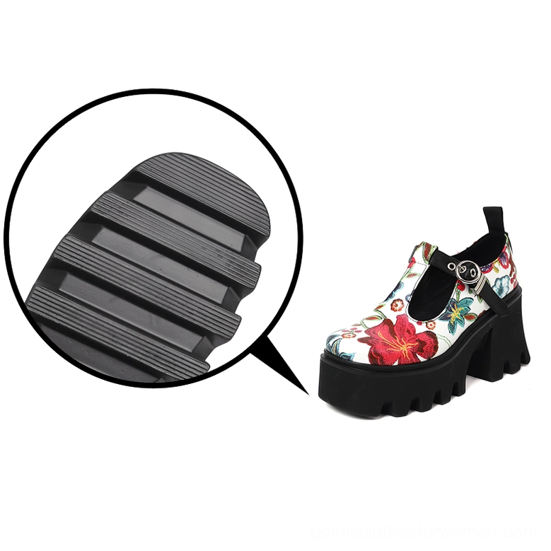 Gothic floral platform Mary Jane pumps with round toe and square heel, showing full shoe construction and design elements