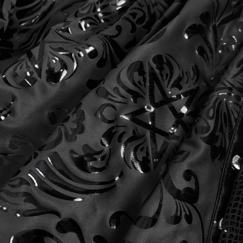Gothic floral print swimwear showing intricate embossed pattern and silver cone stud embellishments throughout