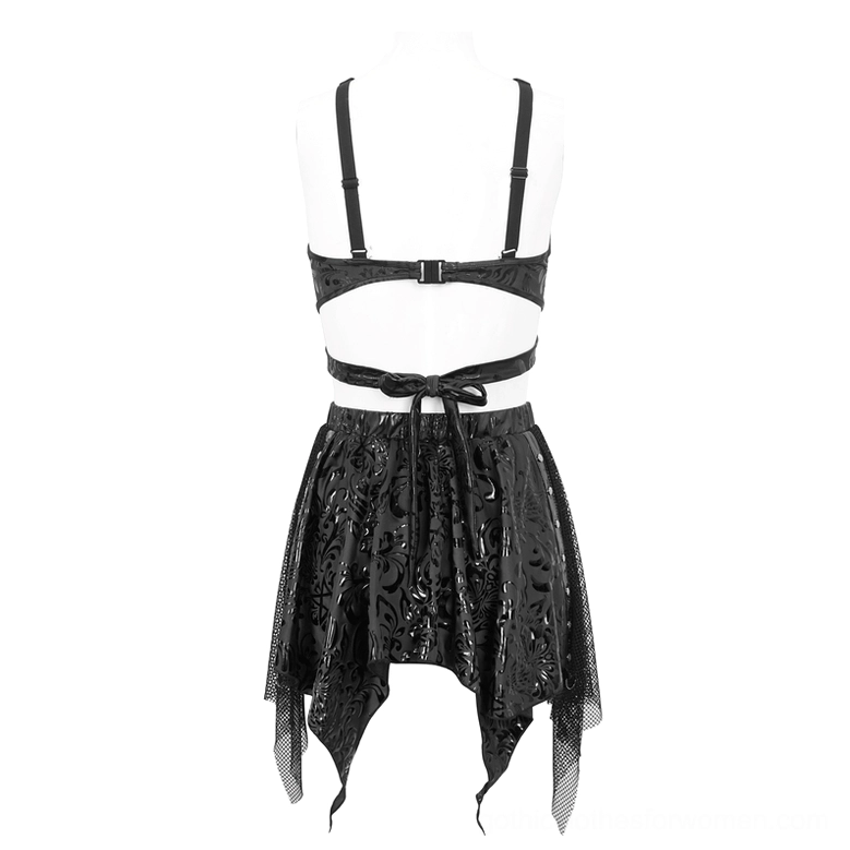 Back product view of dark gothic floral swimsuit on dress form displaying adjustable shoulder straps and tie-back construction