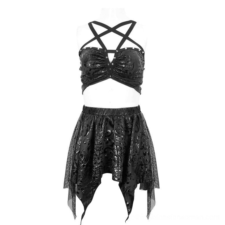 Dark floral gothic swimsuit on dress form showing asymmetric irregular hem skirt and ruched bikini top front