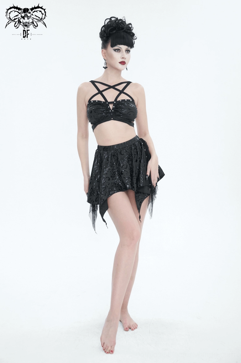 Gothic two-piece floral swimsuit final view displaying all design elements: studs, mesh panels, and irregular hem construction