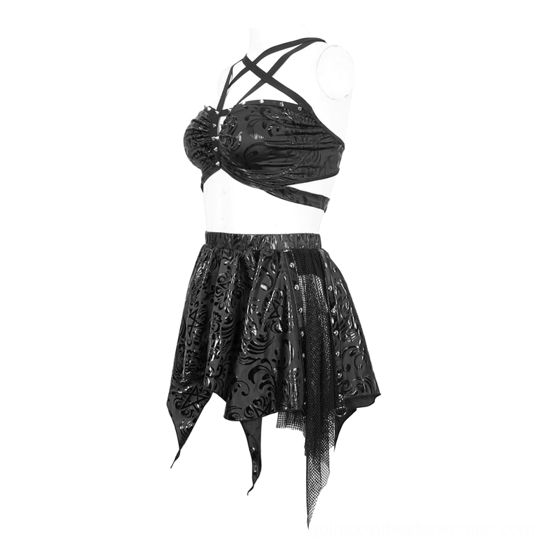 Three-quarter front view of gothic two-piece swimwear showcasing mesh skirt panel and ruched fabric detail