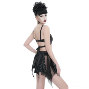 Gothic two-piece swimwear back view showing tie-back waist design and open back detail with adjustable straps