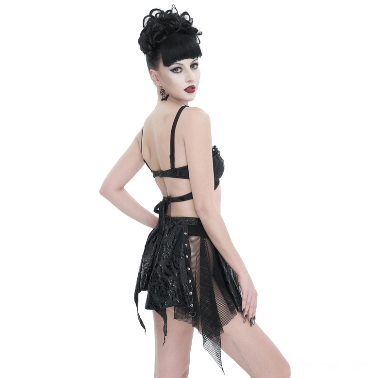 Gothic two-piece swimwear back view showing tie-back waist design and open back detail with adjustable straps