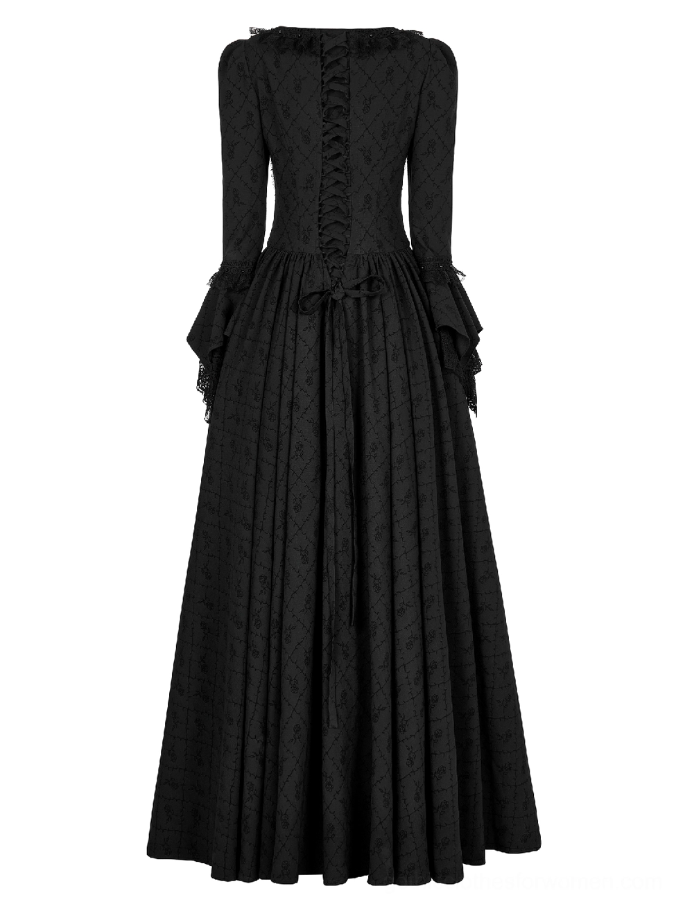 Black gothic formal gown back flat shot - lace-up corset closure with rose vine woven fabric and pleats
