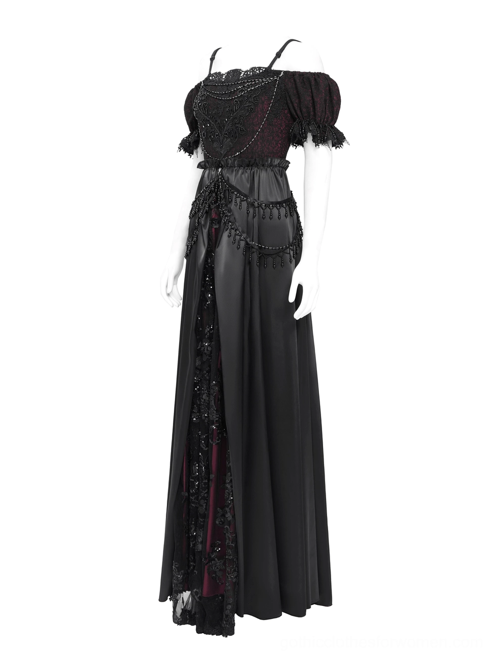 Front mannequin view of black burgundy gothic formal gown with two-tone color-block skirt, side lace panel detail, and romantic off-shoulder ruffled sleeves