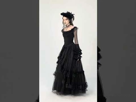 Victorian gothic formal ensemble with black lace bell sleeves and layered tulle skirt