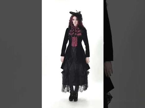 Gothic formal outfit ensemble featuring black velvet tailcoat, wine red ruffled insert, and coordinating lace details on model