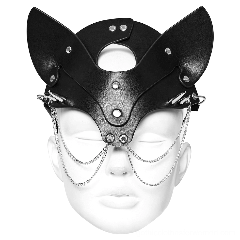 Black faux leather fox mask displayed on white mannequin head, showing draped silver chains and metal rivets, front view