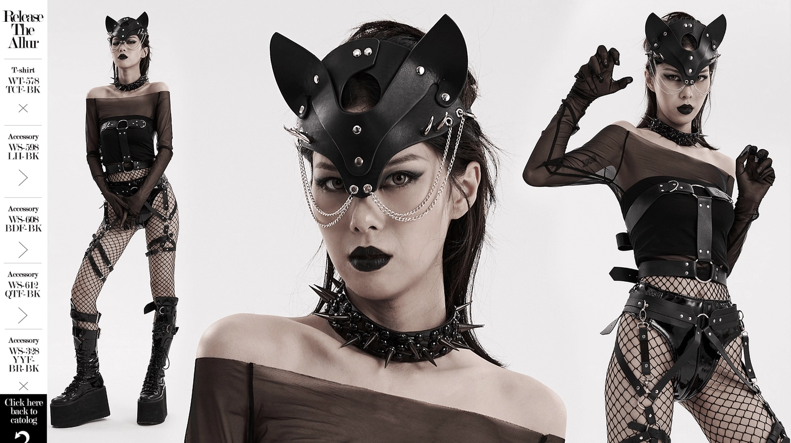 Black faux leather fox mask worn by goth model with dramatic makeup and dark aesthetic, front close-up studio shot