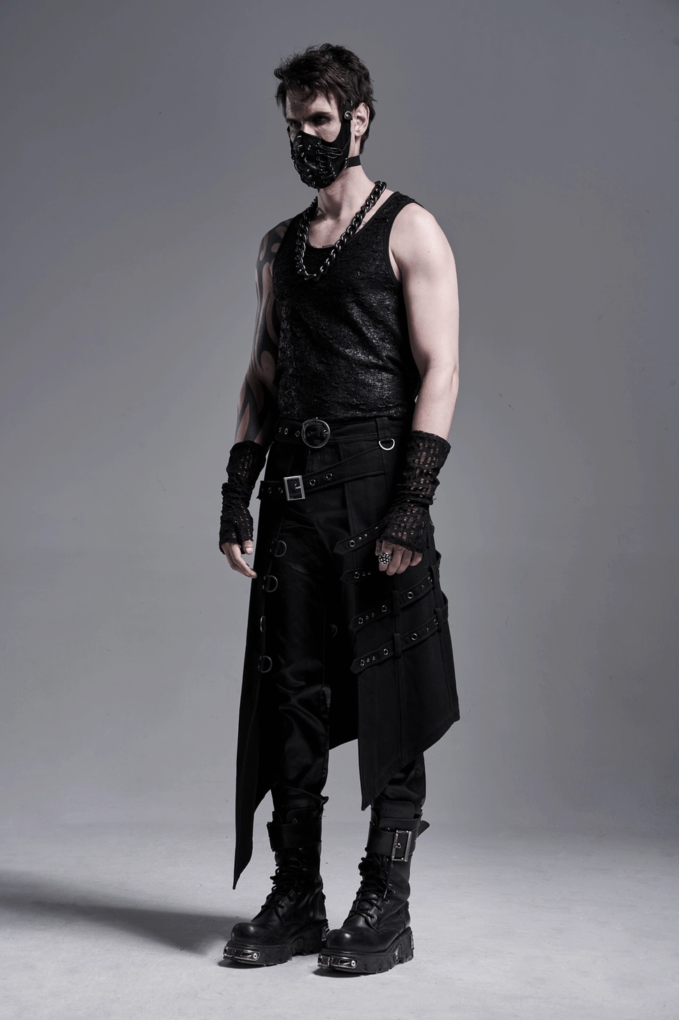 Full body gothic outfit featuring distressed mesh fingerless gloves with long tailcoat vest and leather pants
