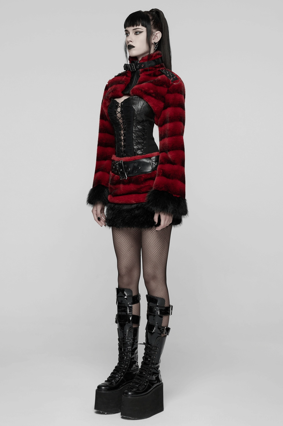 women's punk striped faux fur cropped jacket detail shot showing collar hardware and construction