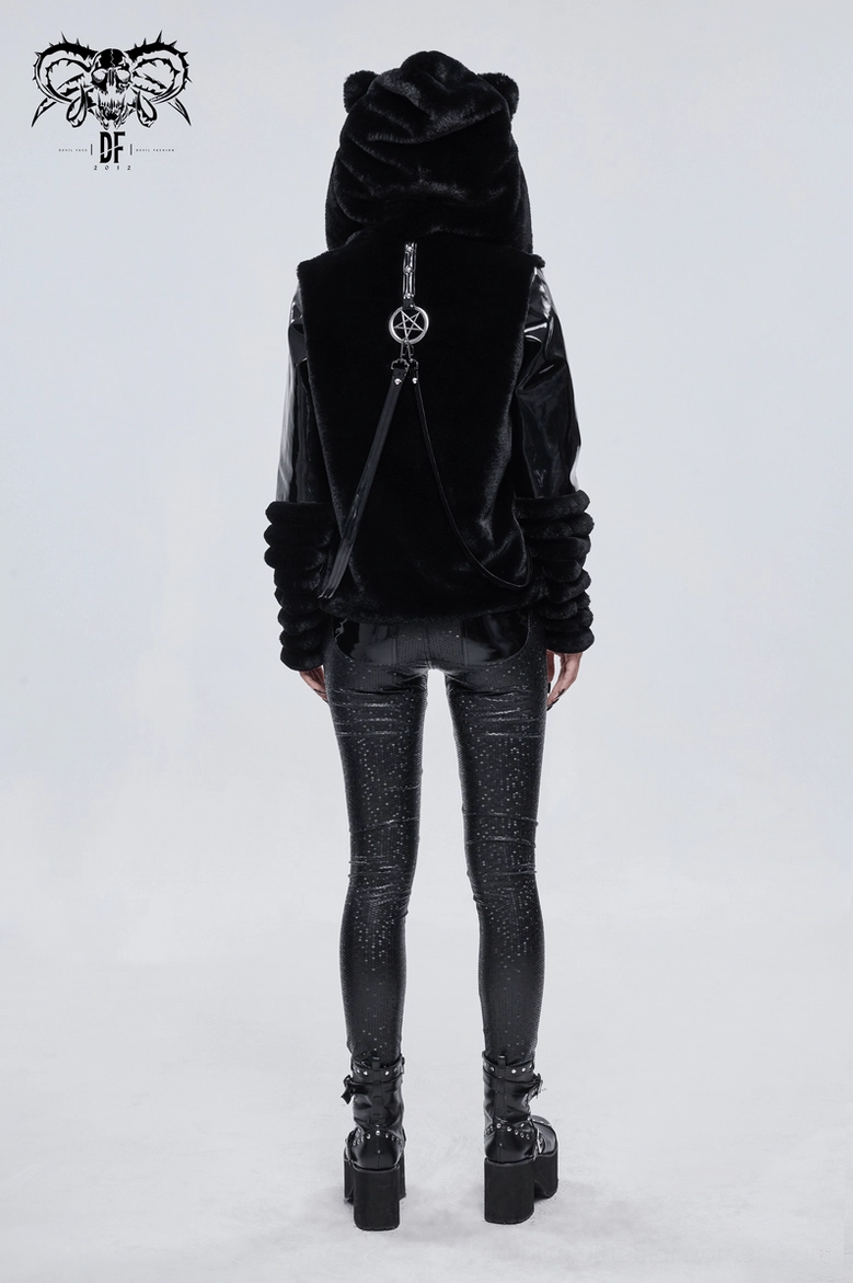 Gothic fuzzy cat ear hooded jacket with synthetic leather sleeves and occult pentagram symbolism