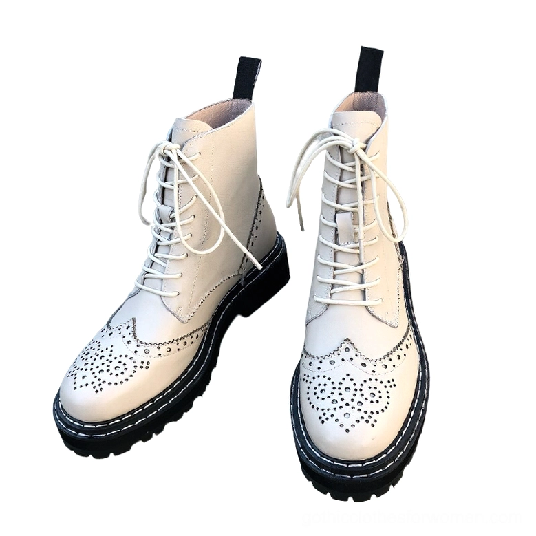 Genuine leather gothic boots featuring precision-cut brogue perforations, lace-up closure, and fleece-lined interior for warmth