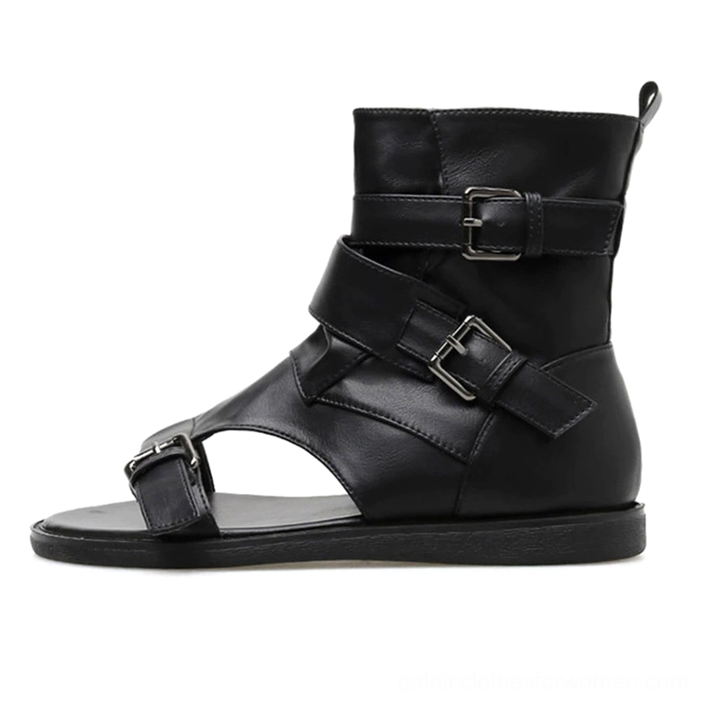 Black PU leather gladiator sandal right lateral view, showing open toe strap and multi-buckle design details