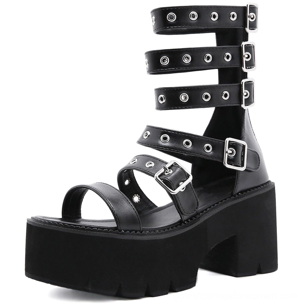 Single black gladiator platform sandal side view highlighting PU leather material texture, adjustable buckle system, and industrial platform construction