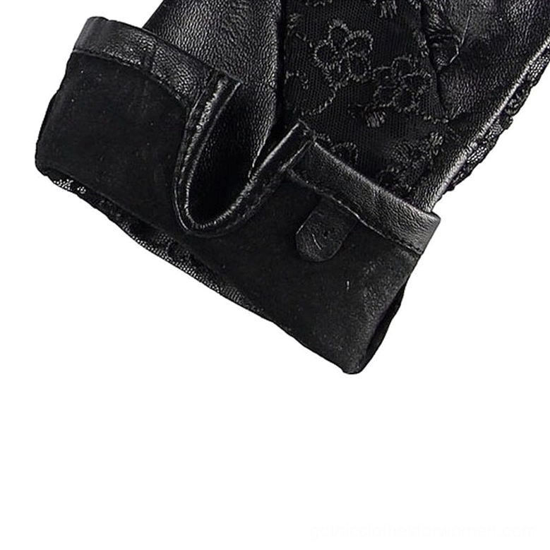 Single gothic glove detail shot showing leather cuff with button closure, lace panel and leather trim, craftsmanship focus
