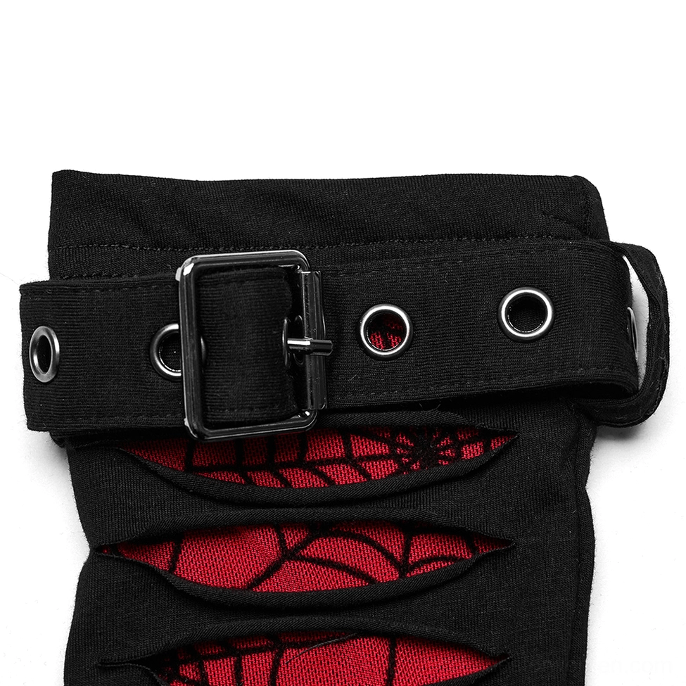 Close-up detail of metal buckle hardware and eyelets on gothic fingerless glove cuff, demonstrating the adjustable cuff mechanism and industrial-gothic aesthetic