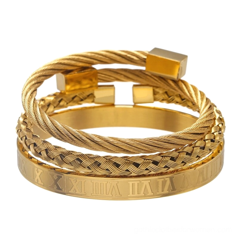 Gold finish 3-piece stainless steel gothic bangle set with mixed woven and polished textures, luxury dark aesthetic metal bracelet collection