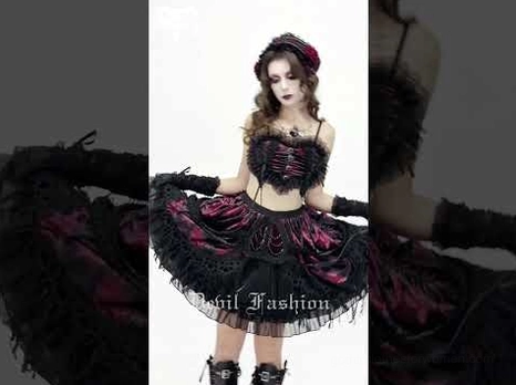 Complete gothic goth outfit styling with cropped cami and wine red black velvet layered skirt on model