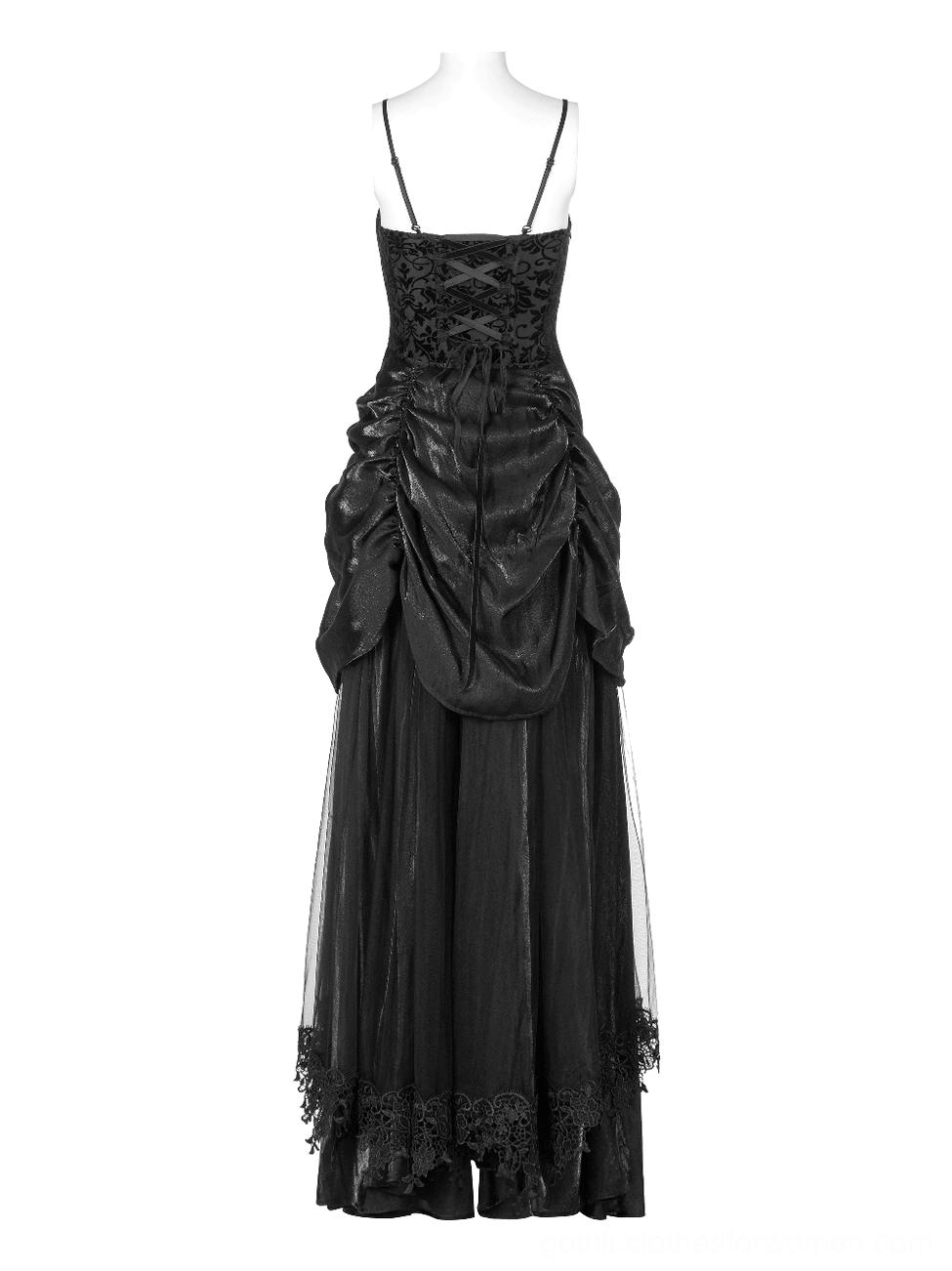 Back view of gothic formal gown showing corset-style back, draped satin, and tulle hem