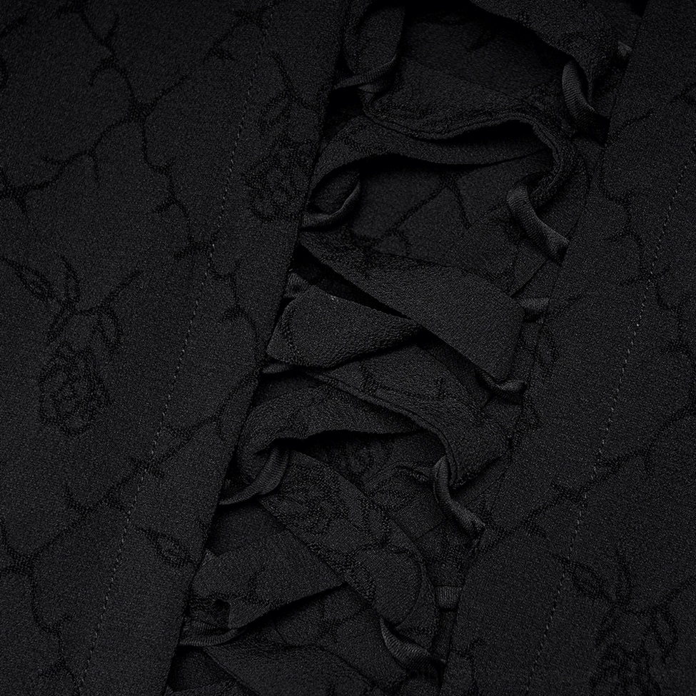 Black gothic maxi gown back corset detail - ribbon lace-up closure, rose woven fabric, and pleated skirt