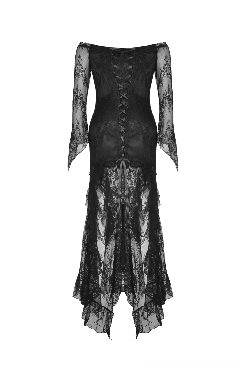 Flat lay back view of black lace gothic gown showing lace-up back closure and irregular hem