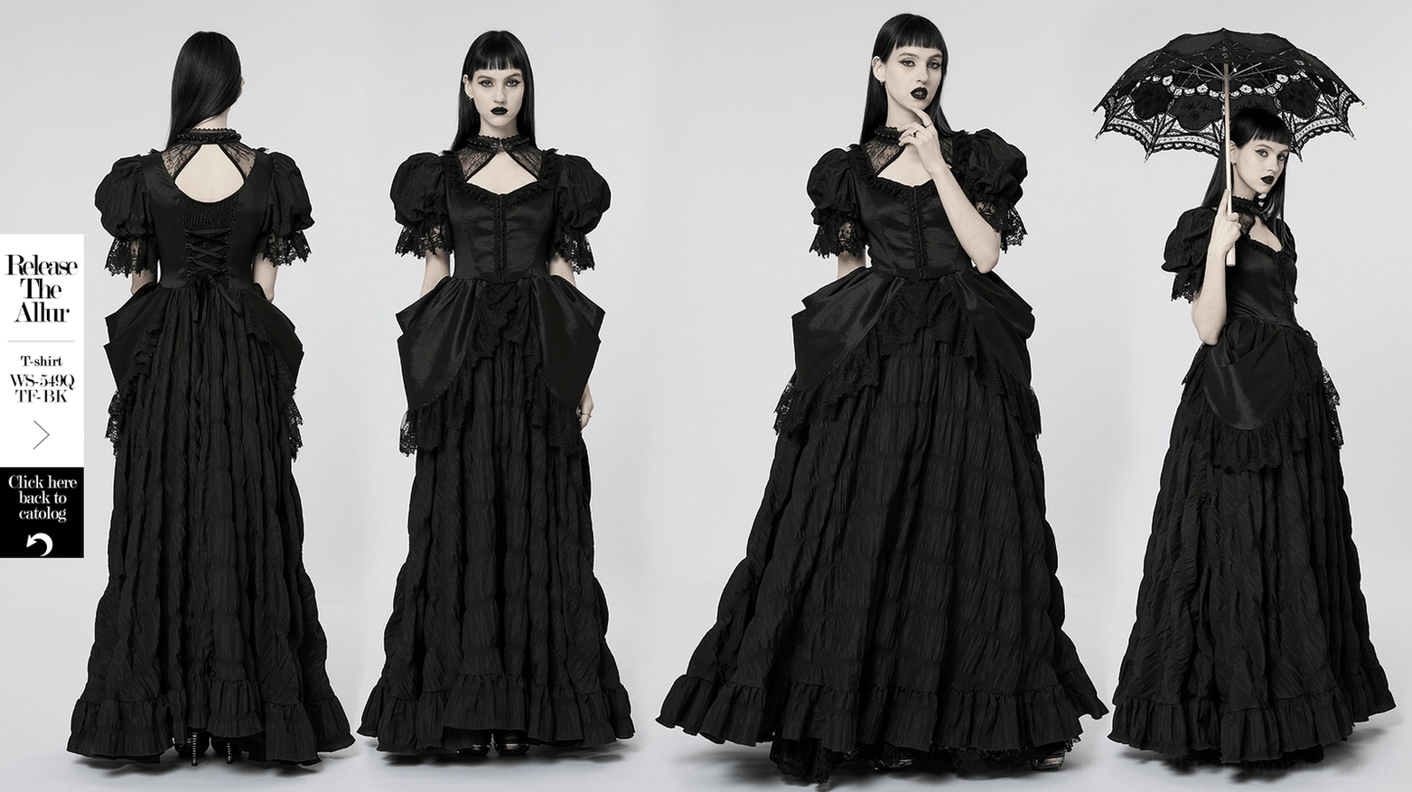 Black gothic evening gown close-up of voluminous bubble sleeve with ruching and lace ruffle trim accent