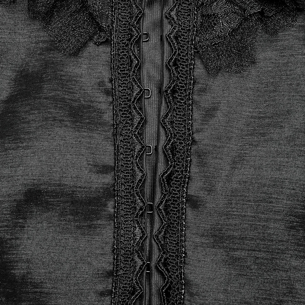 Close-up macro of black gothic gown front closure featuring hook-and-eye fasteners and embroidered lace trim detail
