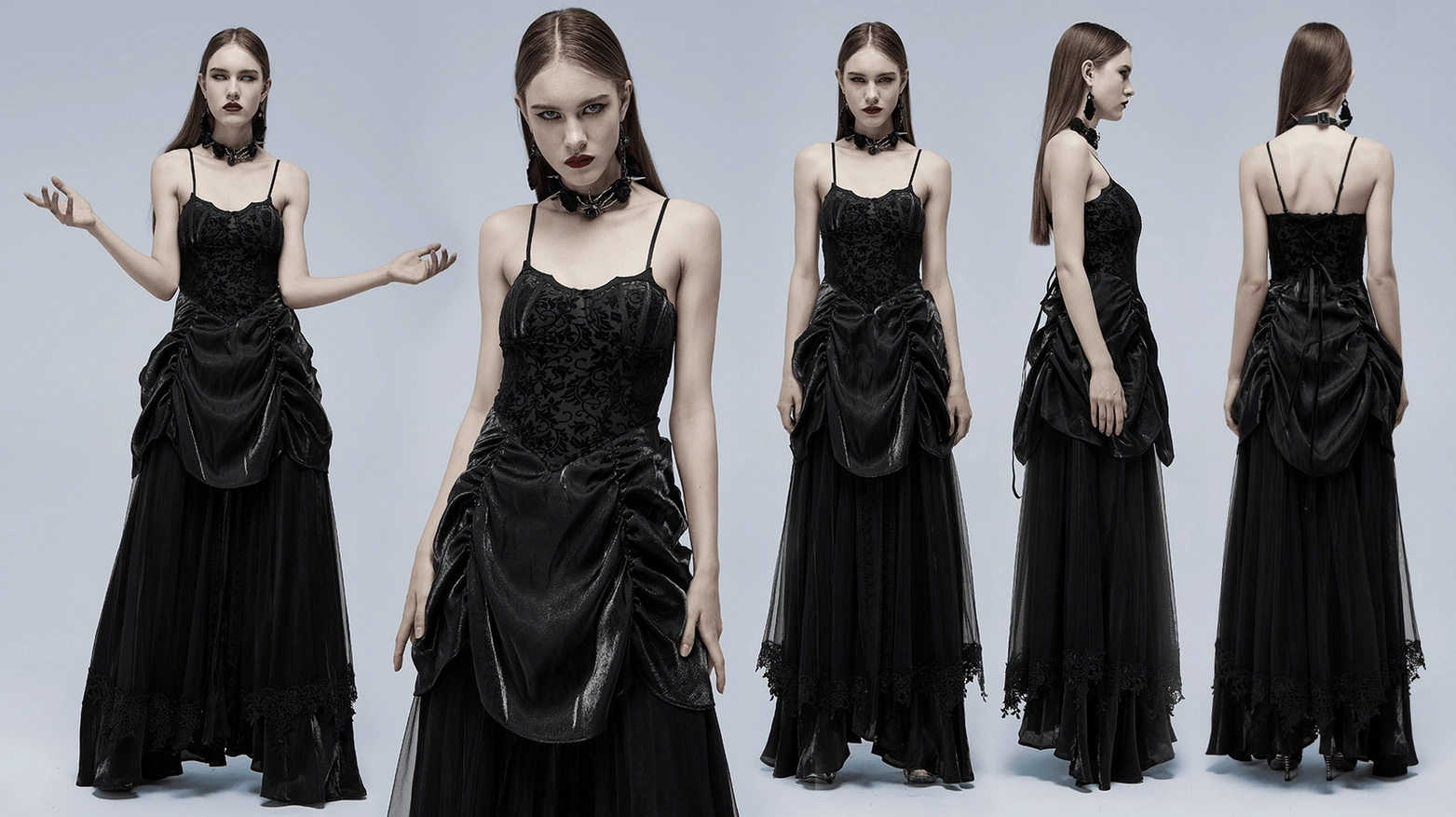 Full-length gothic gown showing elegant tulle skirt volume and hem construction