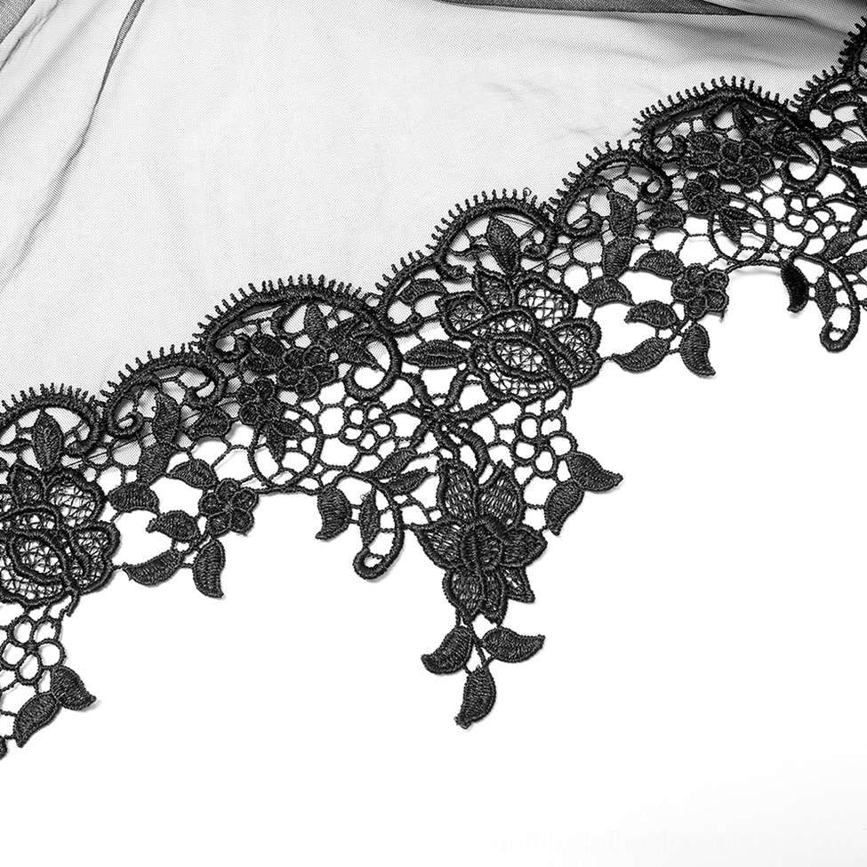 Gothic black velvet tulle gown styled on model showing complete elegant silhouette